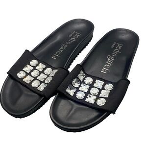 Pedro Garcia Amery Swarovski Crystal Satin & Leather Jeweled Slide Sandals Black